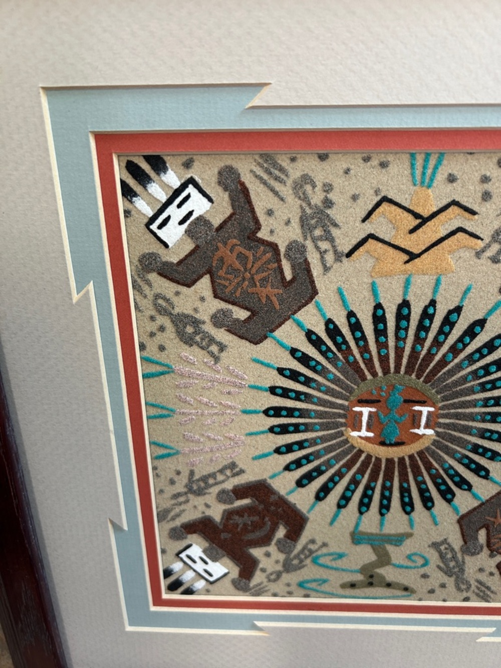 Wall Art signed Navajo sandpainting, a collectible art form. 14” x 14” - Picture 2 of 8